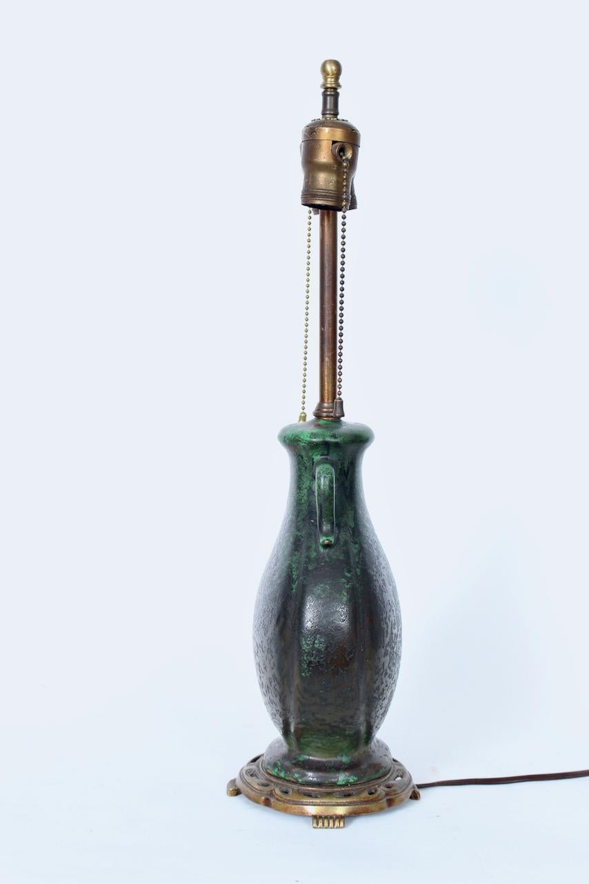 20th Century Weller Ceramics Coppertone Series Green & Black Pottery Table Lamp, Circa 1920 For Sale