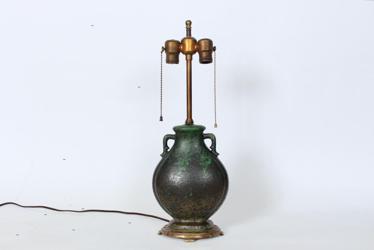 Weller Ceramics Coppertone Series Green & Black Pottery Table Lamp, Circa 1920 For Sale 1