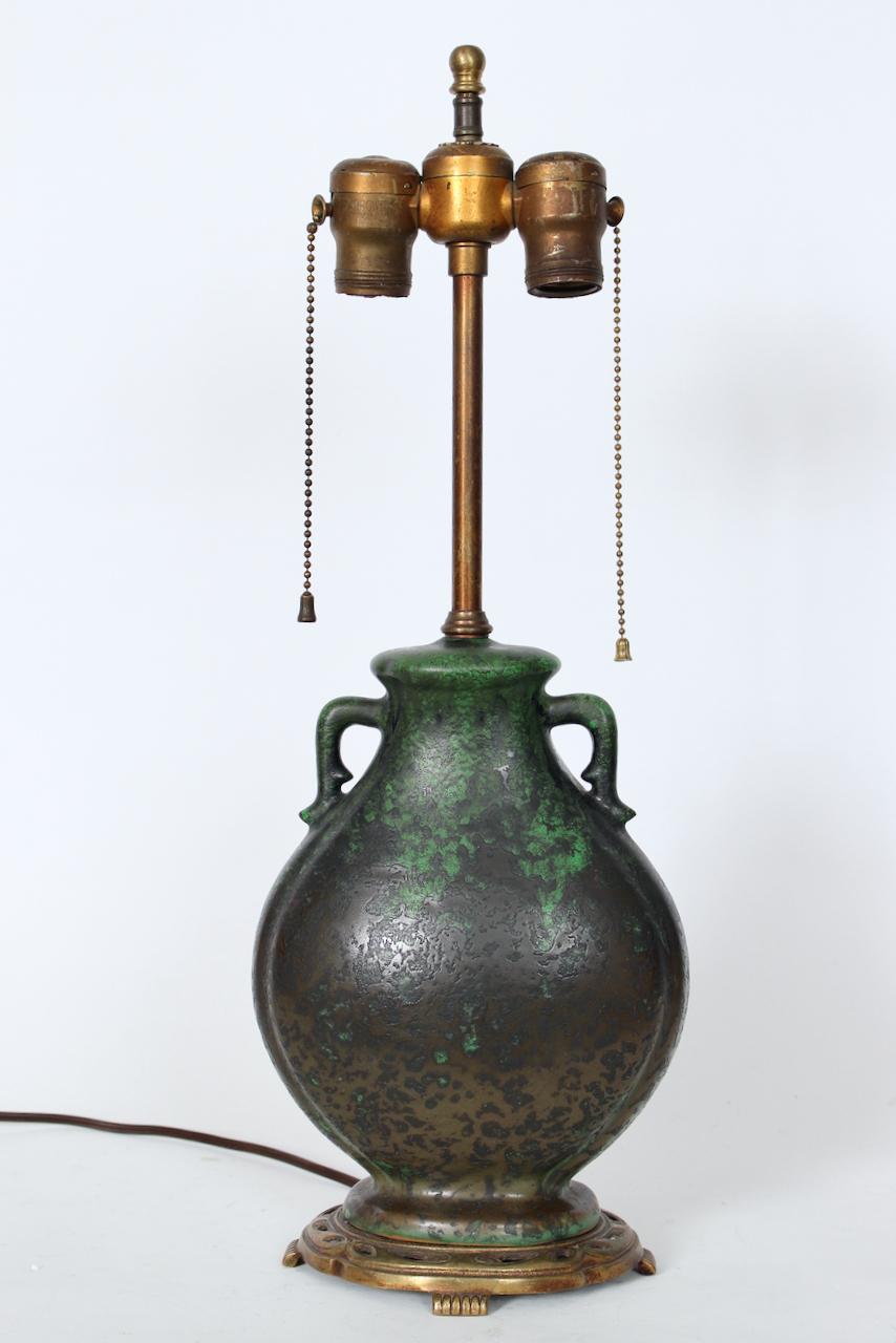 Weller Ceramics Coppertone Series Green & Black Pottery Table Lamp, Circa 1920 For Sale 2