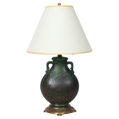 Used Weller Ceramics "Coppertone Series" Green & Black Pottery Table Lamp, Circa 1920