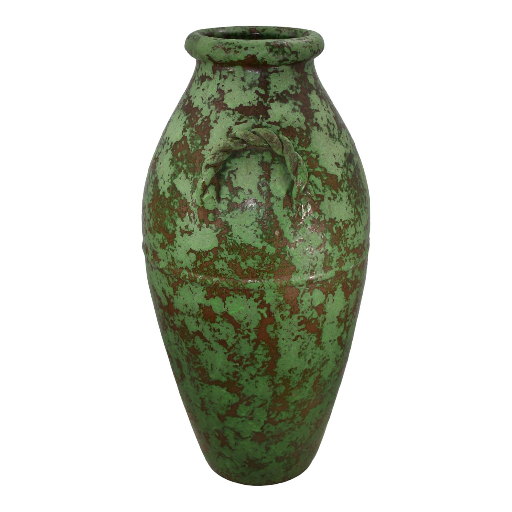 Weller Coppertone 1920s Vintage Arts and Crafts Pottery Green Handled Floor Vase
Stunning and magnificent form with super color and glaze. 
Excellent original condition. No chips, cracks, damage or repair of any kind. 
Bottom marked with Weller