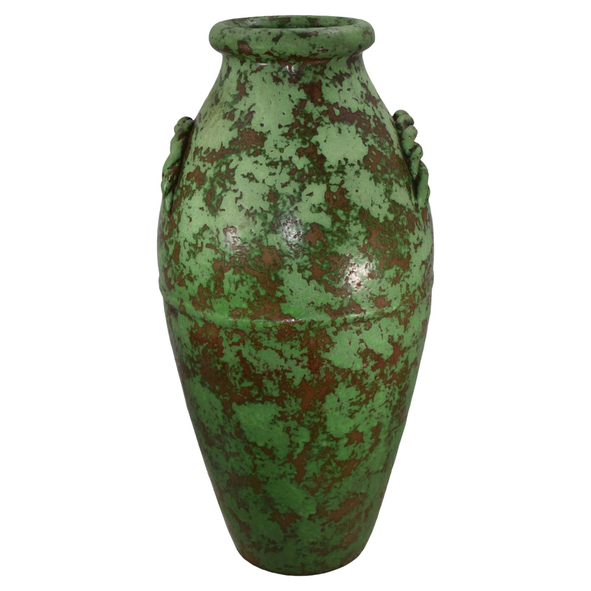 Weller Coppertone 1920s Vintage Arts and Crafts Pottery Green Handled Floor Vase