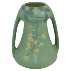 Weller Fru Russet 1905 Vintage Pottery Matte Green Yellow Floral Handled Vase