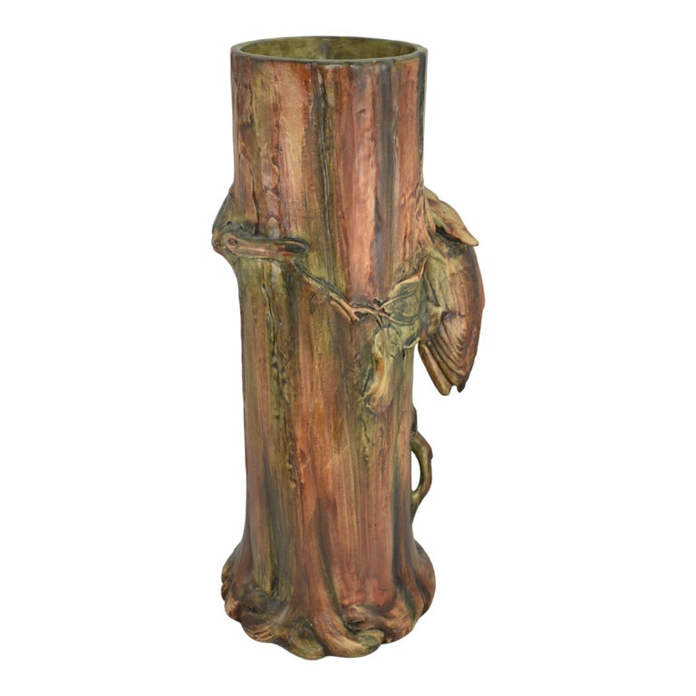 Weller Woodcraft 1920s Art Pottery Owl on a Branch of a Tree Tall Floor