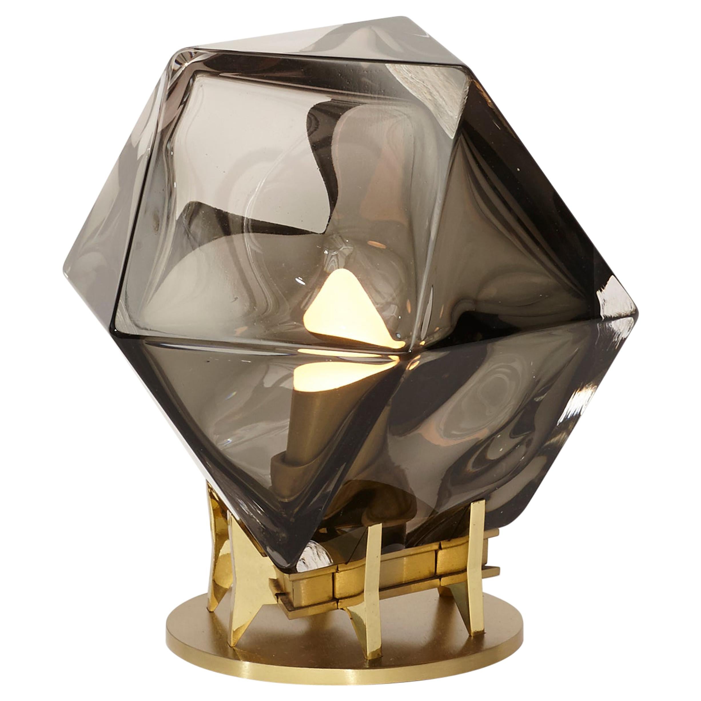 Gold (Satin Brass) Welles Double Blown Glass Desk Lamp in Smoked Grey Glass by Gabriel Scott