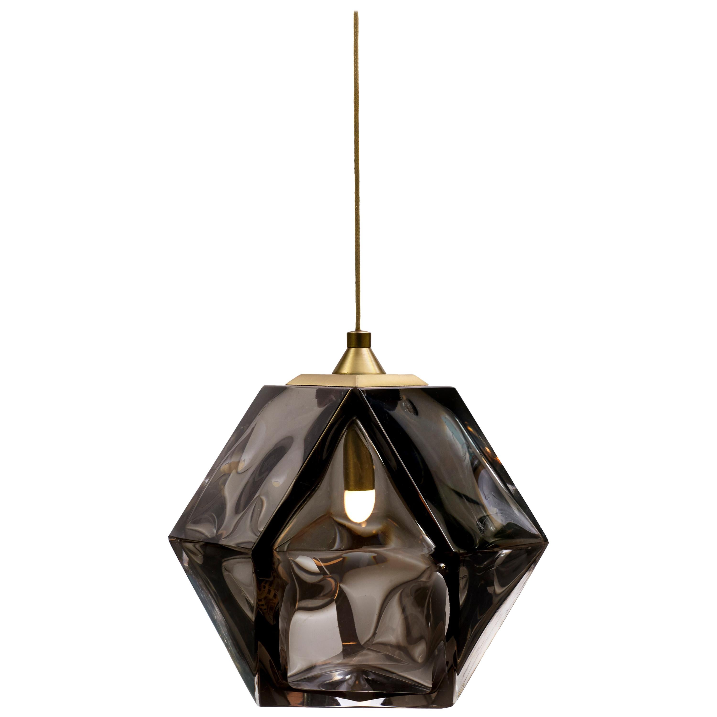 Gold (Satin Brass) Welles Double Blown Glass Hanging Sconce in Smoked Grey by Gabriel Scott