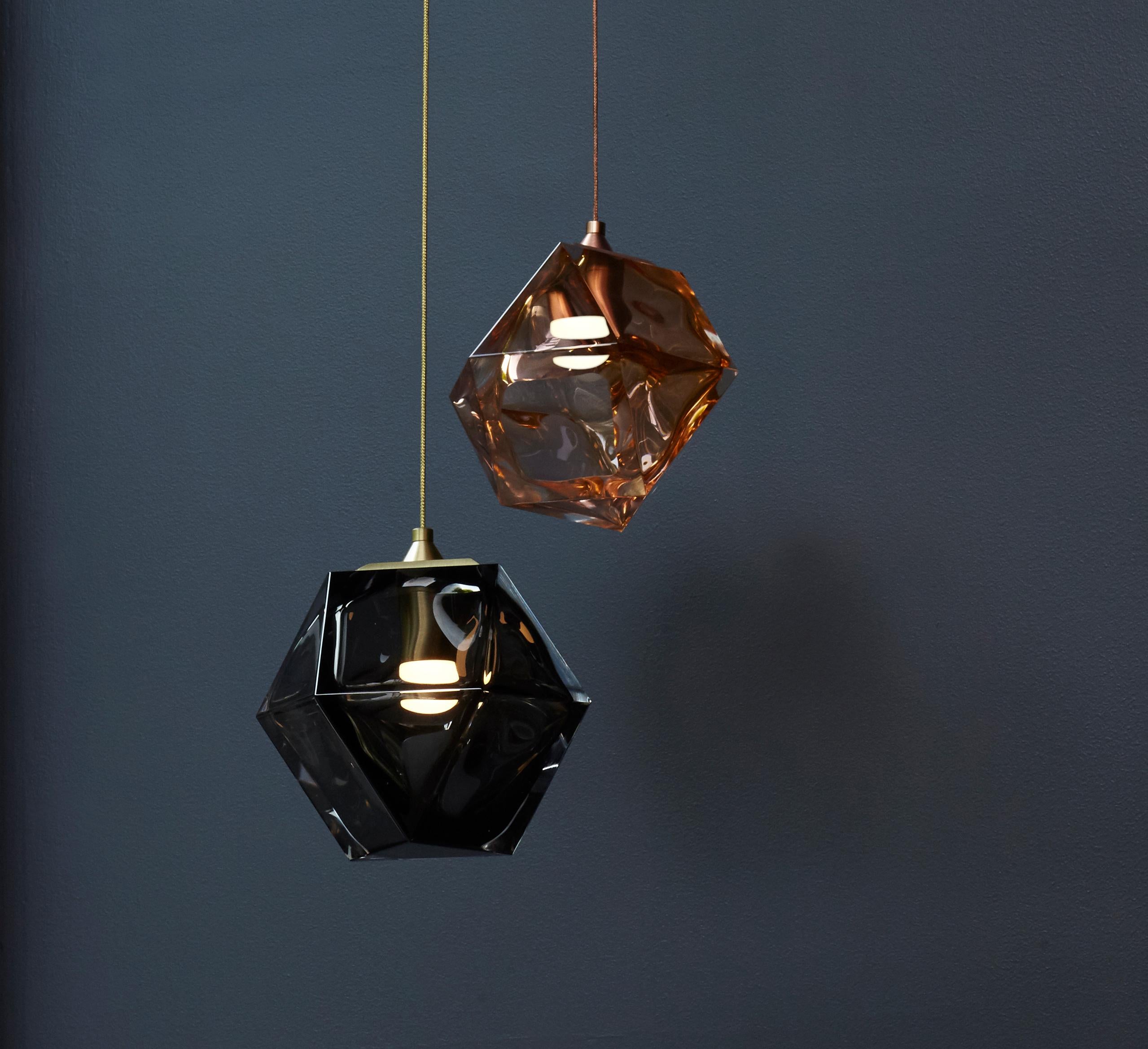 Modern Welles Double Blown Glass Pendant in Brass and Smoked Glass by Gabriel Scott