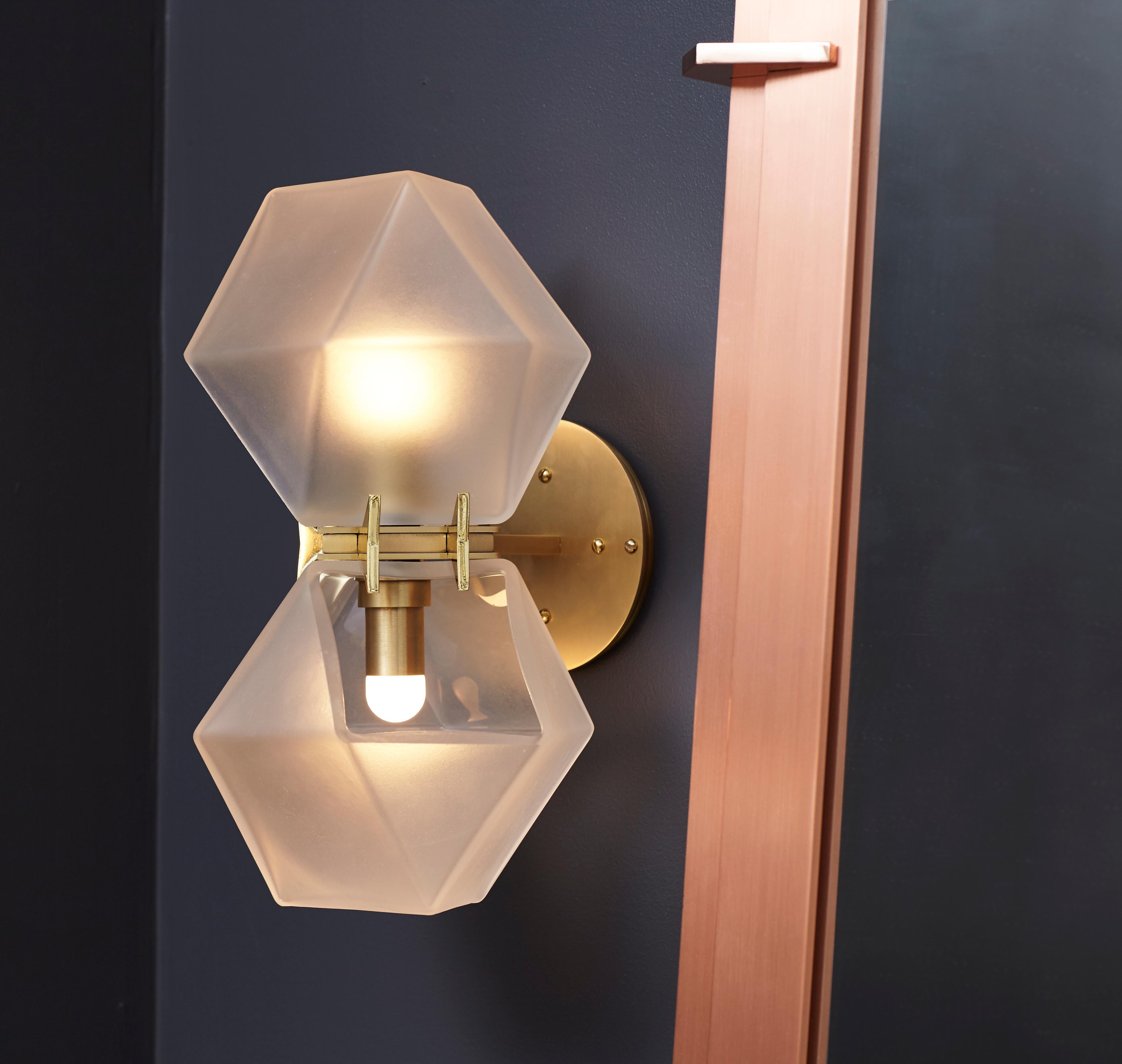 Modern Welles Glass Double Wall Sconce in Brass and Alabaster by Gabriel Scott