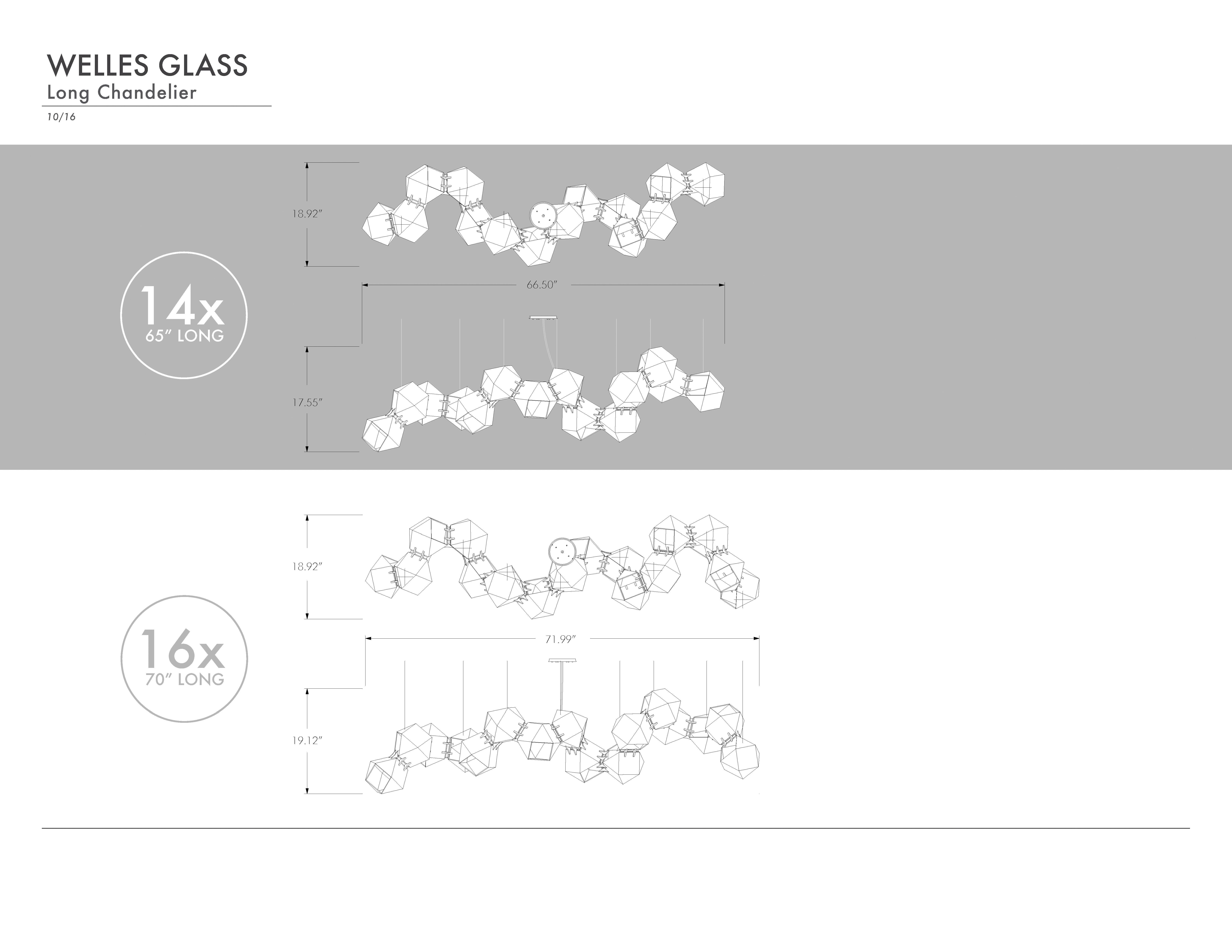 Langes Welles-Glas-Kronleuchter 14 aus weiem Alabasterglas von Gabriel Scott (Metall)