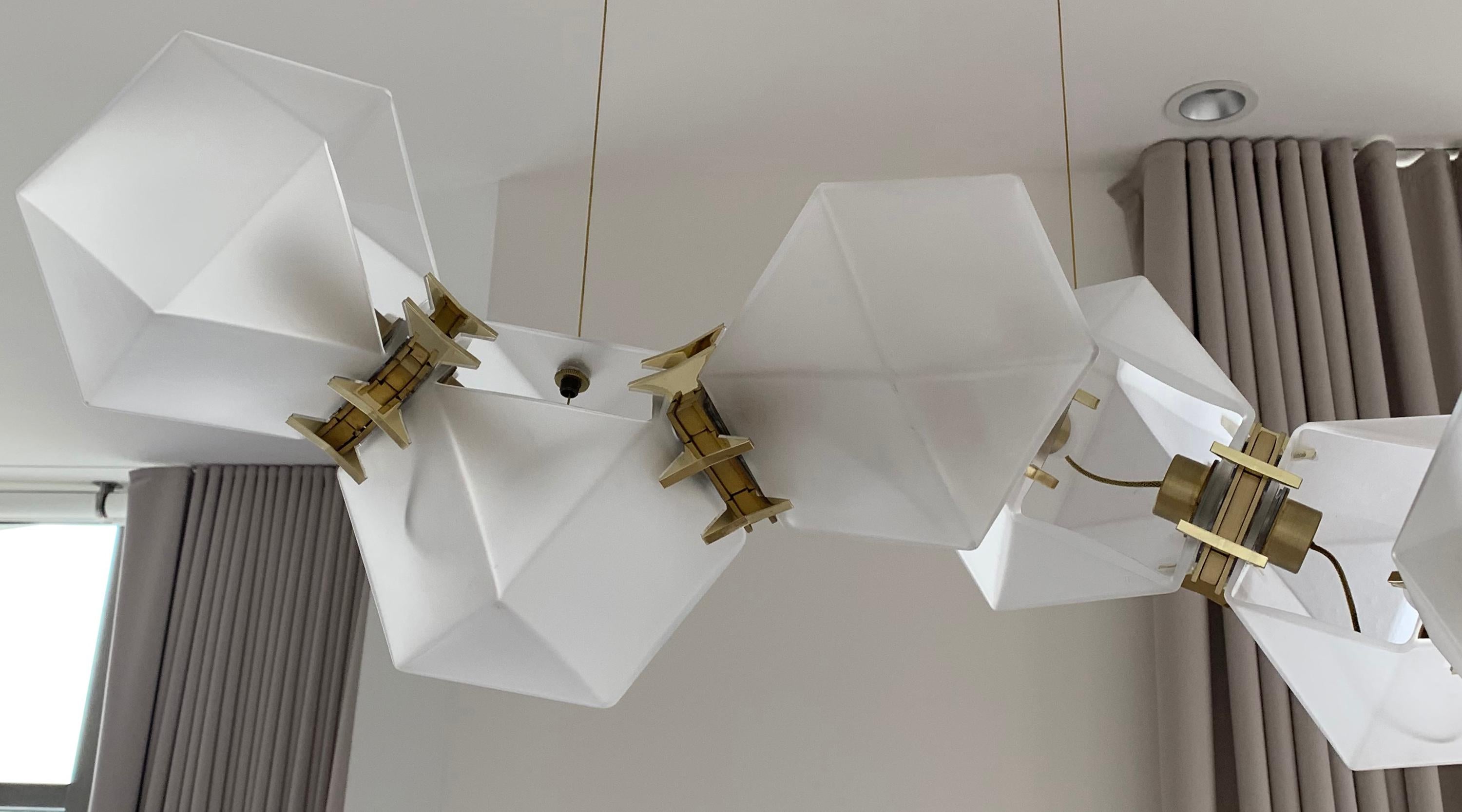 Welles Long Modular Chandelier in Custom Finishes, White and Satin Brass In Excellent Condition In Hawthorne, CA