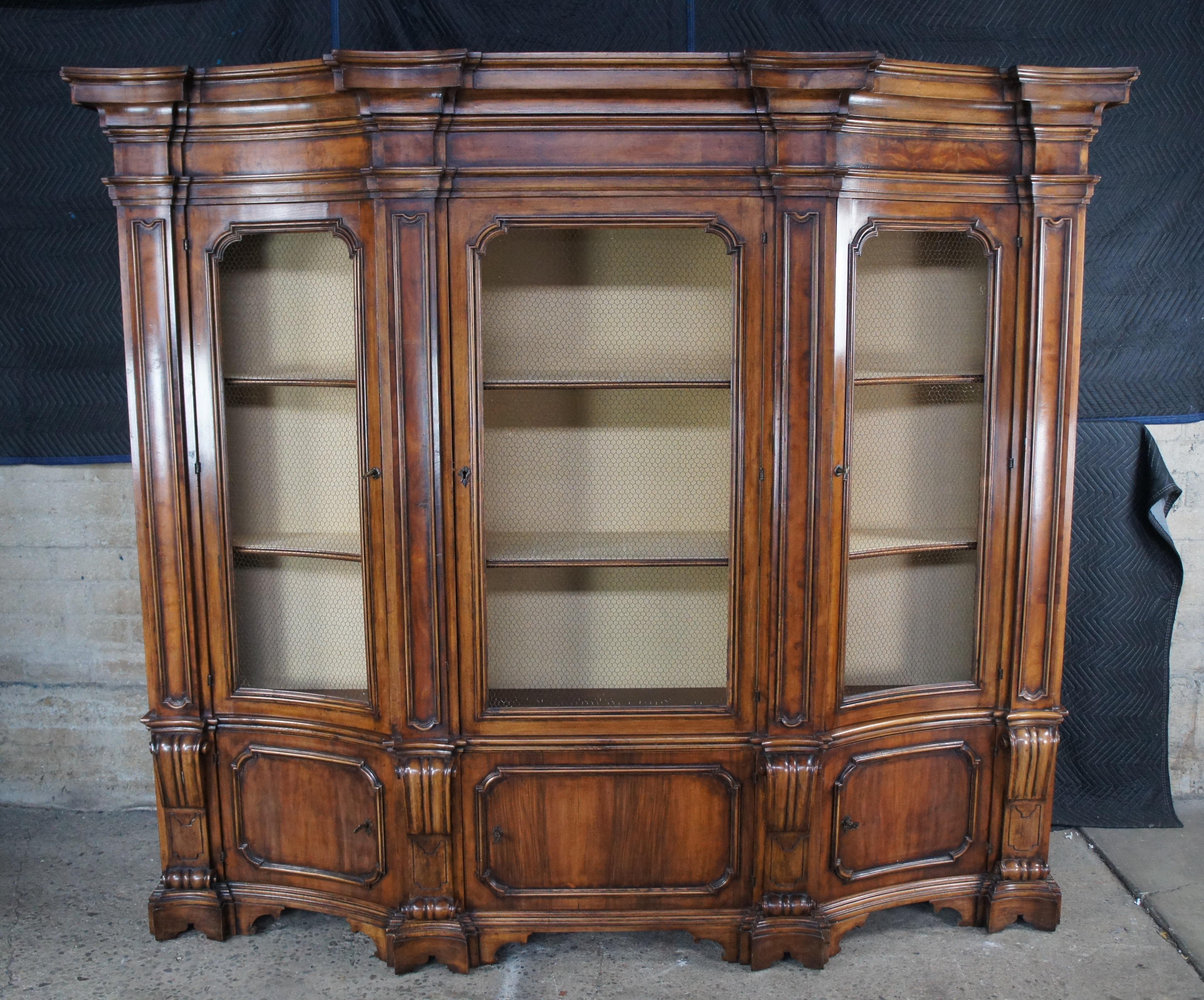 Wellington Hall Italian Walnut Library Bookcase Breakfront Display Cabinet Mesh For Sale 13
