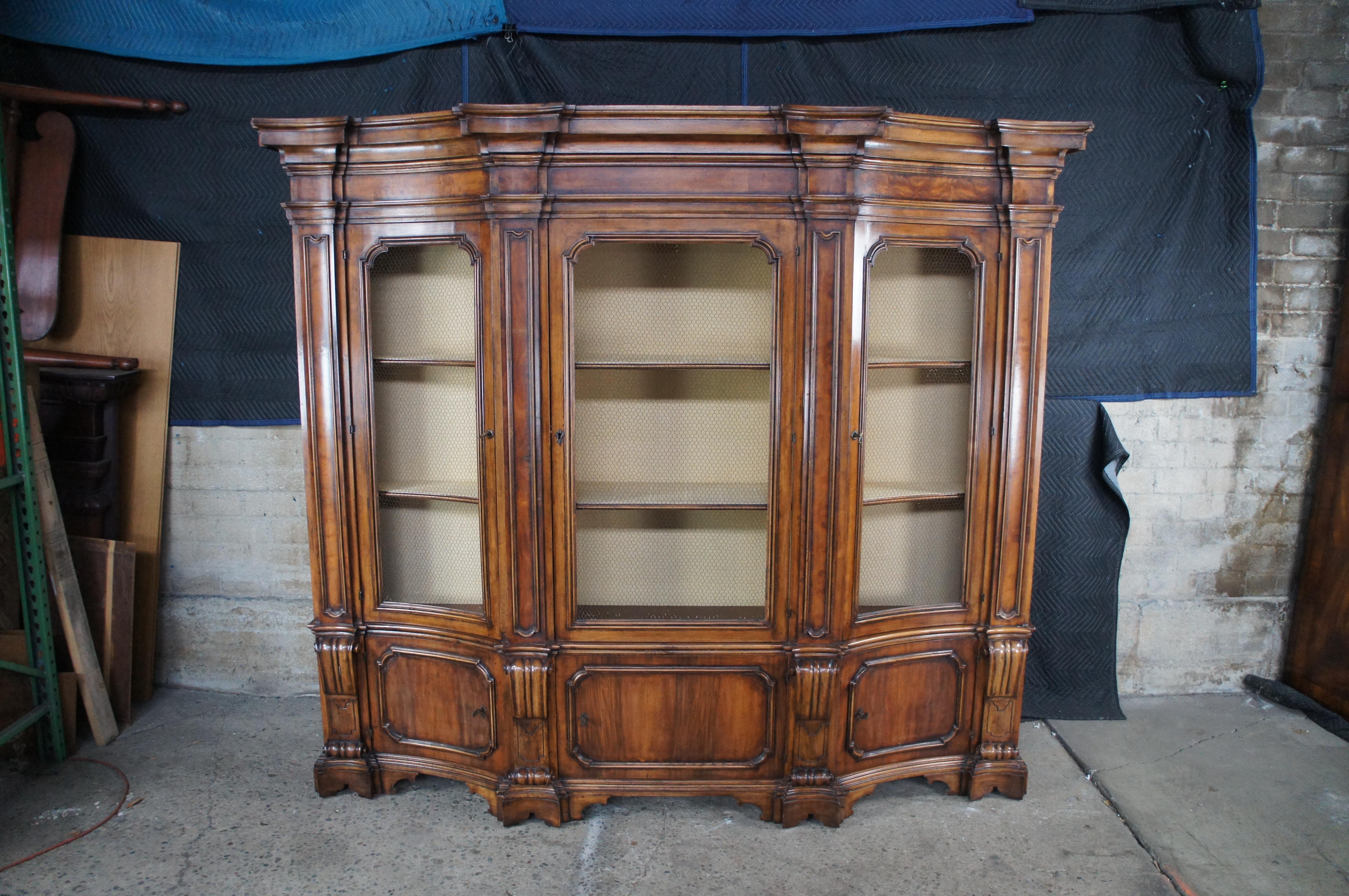 Wellington Hall Italian Walnut Library Bookcase Breakfront Display Cabinet Mesh For Sale 14