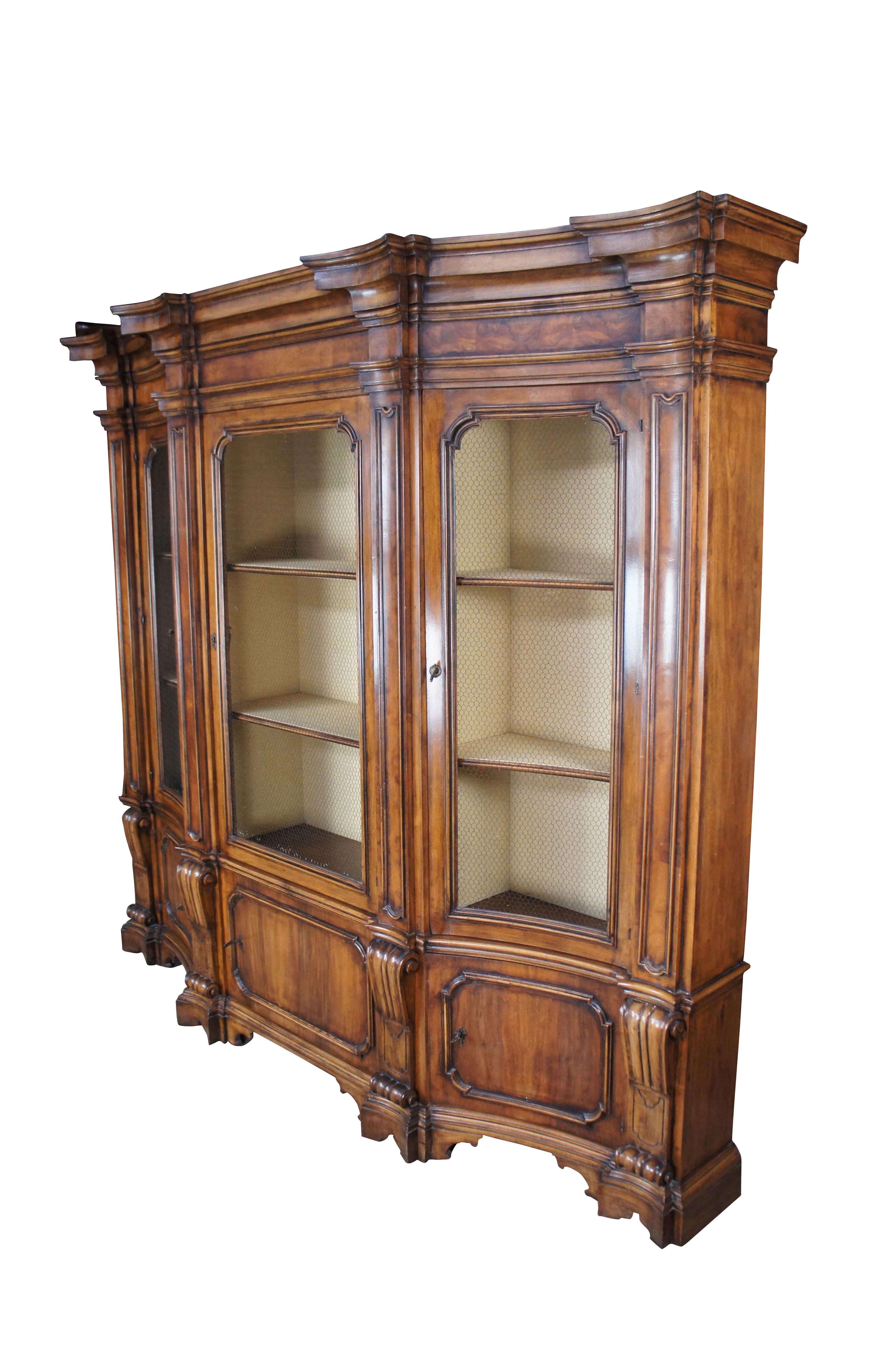 Baroque Wellington Hall Italian Walnut Library Bookcase Breakfront Display Cabinet Mesh For Sale