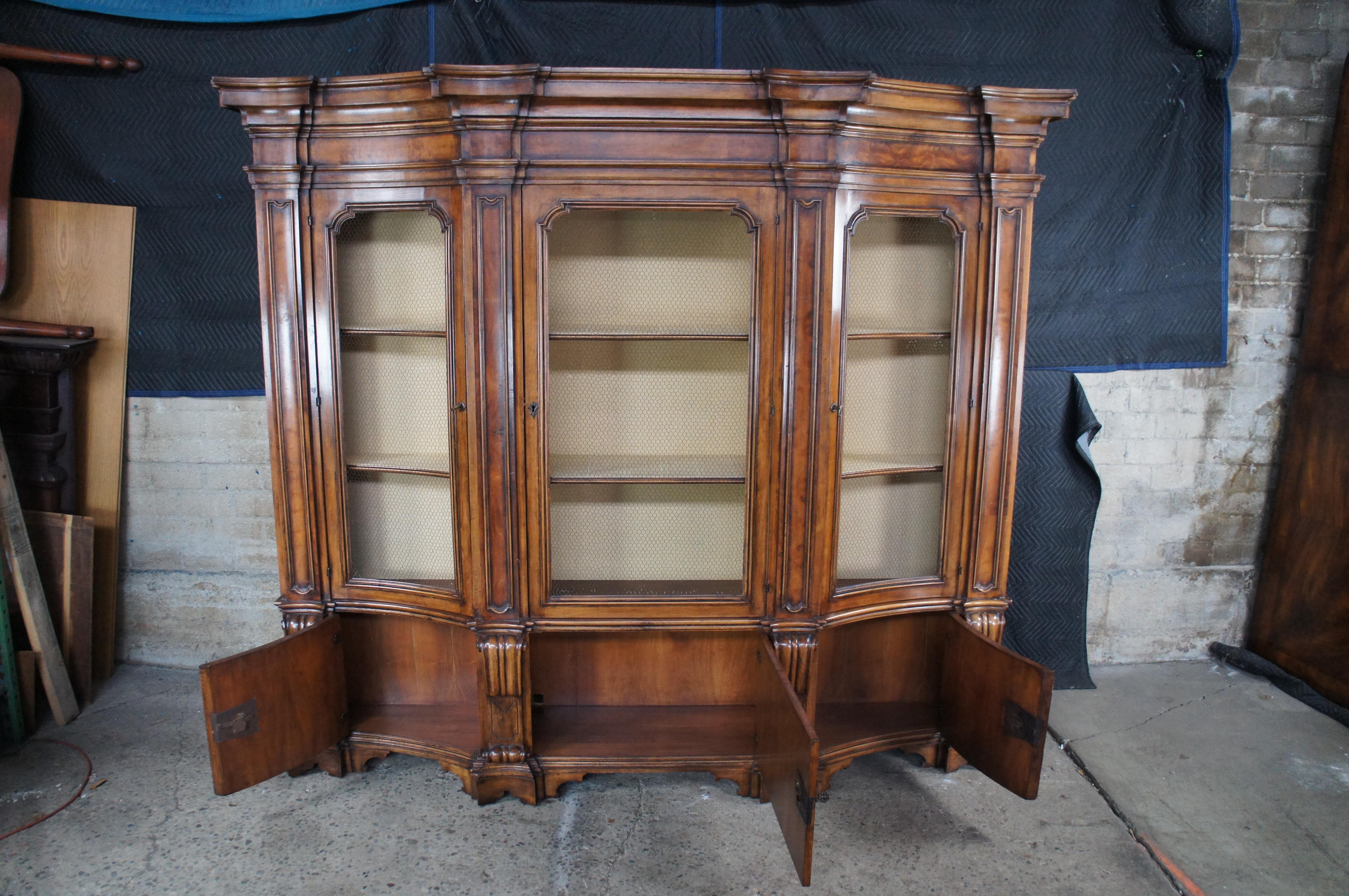 Late 20th Century Wellington Hall Italian Walnut Library Bookcase Breakfront Display Cabinet Mesh For Sale