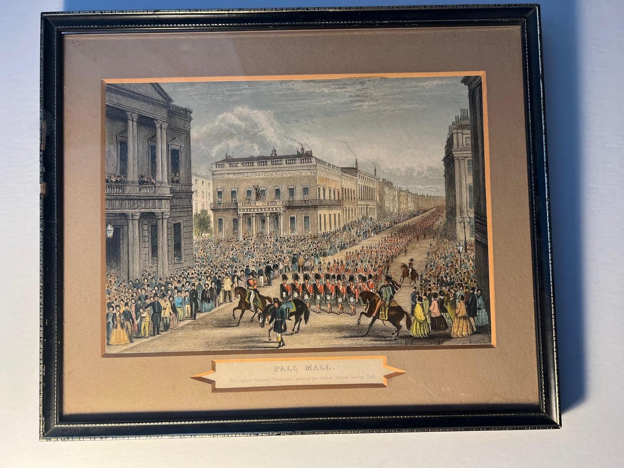 Naive hand coloured print of the funeral procession (Duke of Wellington) marching past the Senior United Service Club Pall Mall, London.

Rather nasty modern frame, probably 1990's.

Print condition is good, frame is fairly tatty, as can be seen in