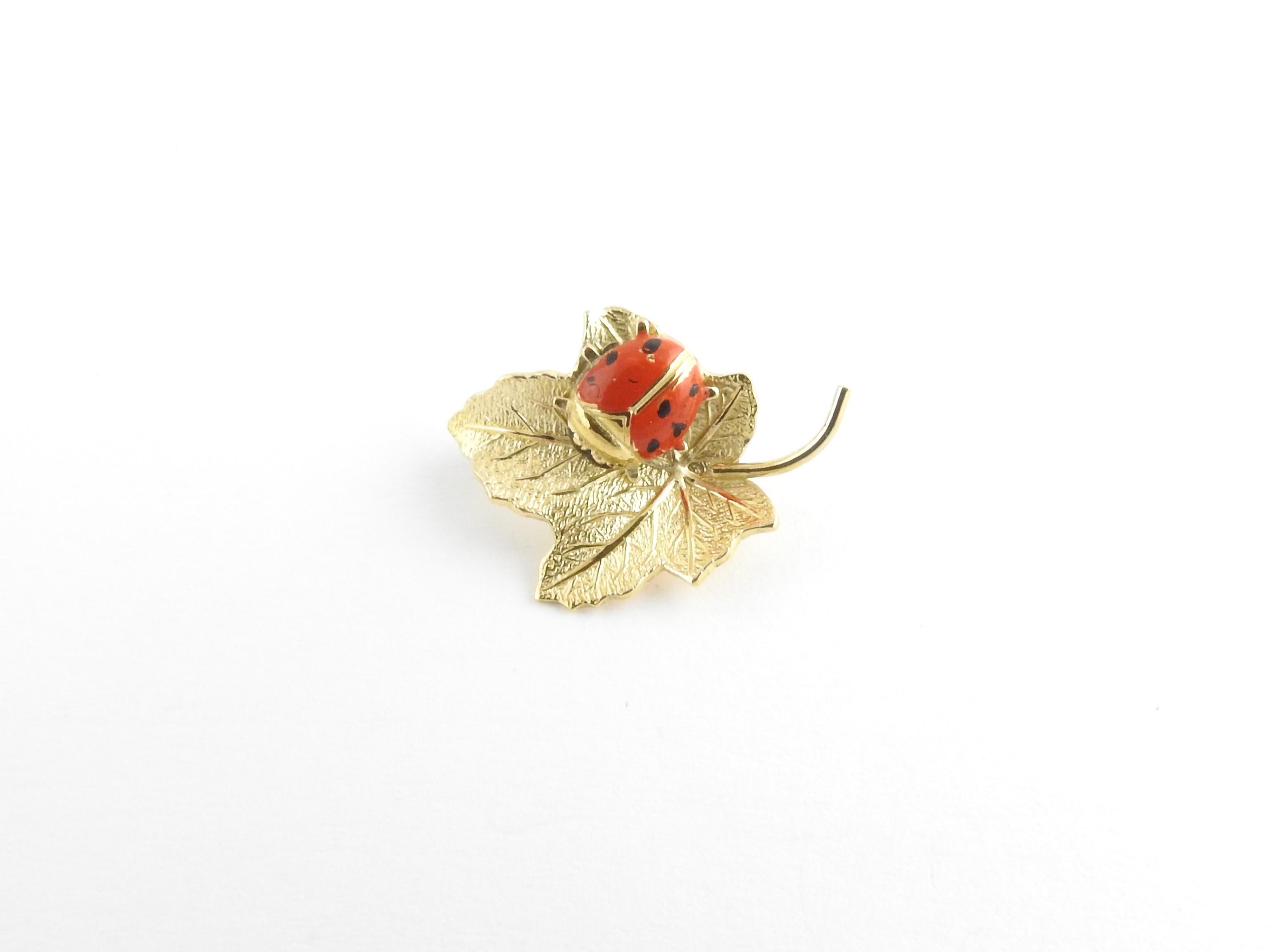 Vintage 14 Karat Yellow Gold Leaf and Ladybug Pin/Brooch

This lovely brooch features an adorable enameled ladybug sitting atop a beautifully detailed leaf. Crafted in classic 14K yellow gold.

Size: 22 mm x 16 mm

Weight: 1.3 dwt. / 2.1 gr.

Acid