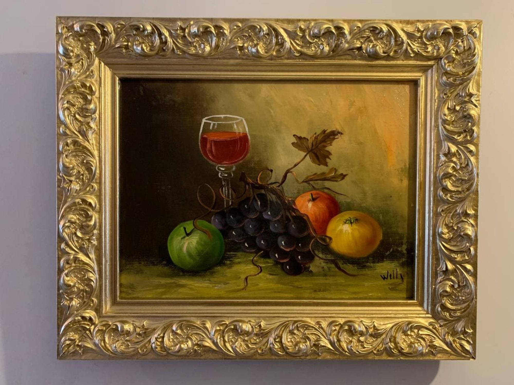 Óleo antiguo sobre lienzo, Naturaleza muerta, frutas, Enmarcado, Firmado Wells - Painting de wells