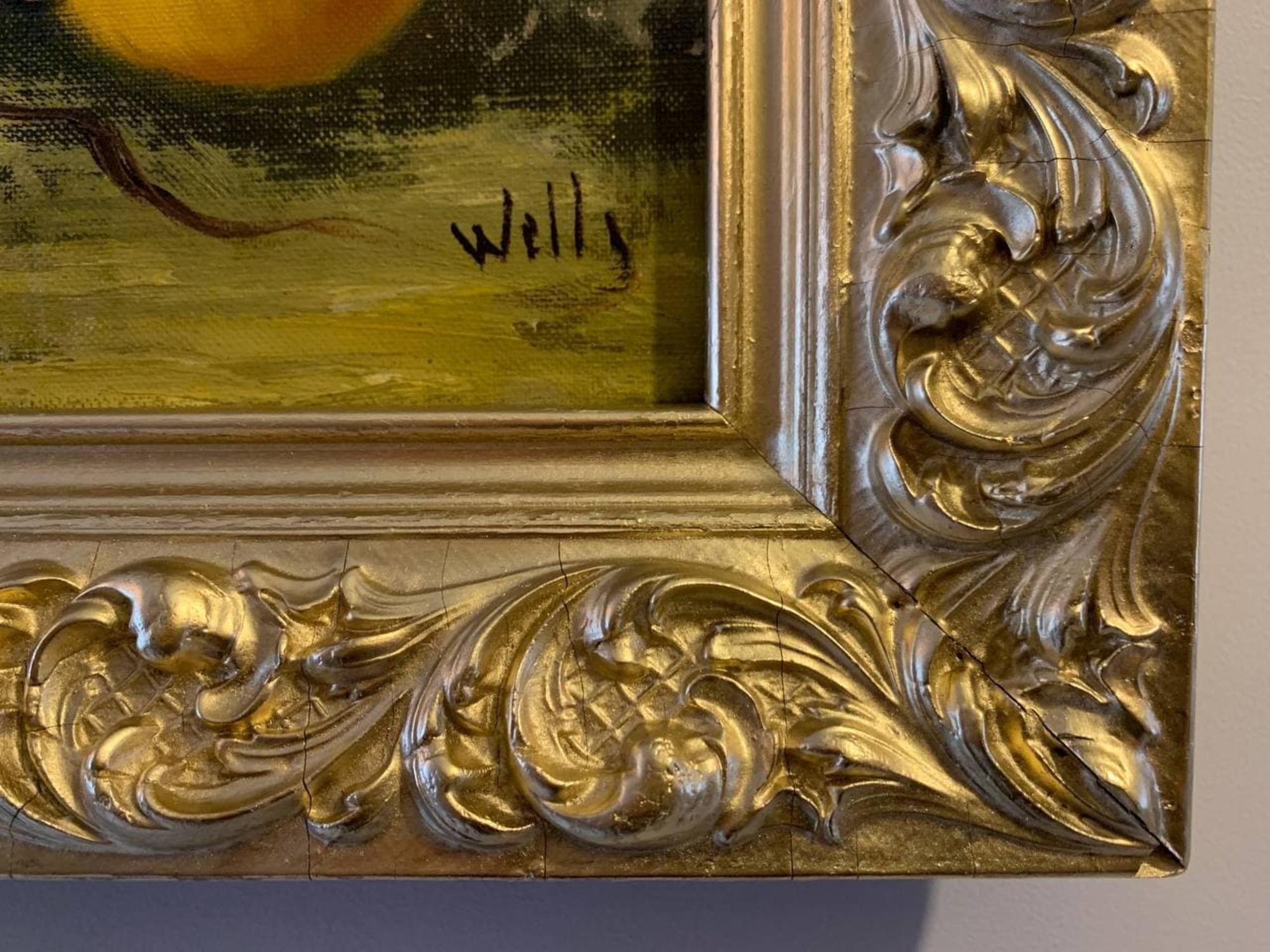 Óleo antiguo sobre lienzo, Naturaleza muerta, frutas, Enmarcado, Firmado Wells 2