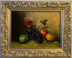 Peinture à l'huile ancienne sur toile, Nature morte, fruits, Encadrée, Signée Wells