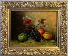 Antique oil painting on canvas, Still life, fruits, Framed, Signed Wells