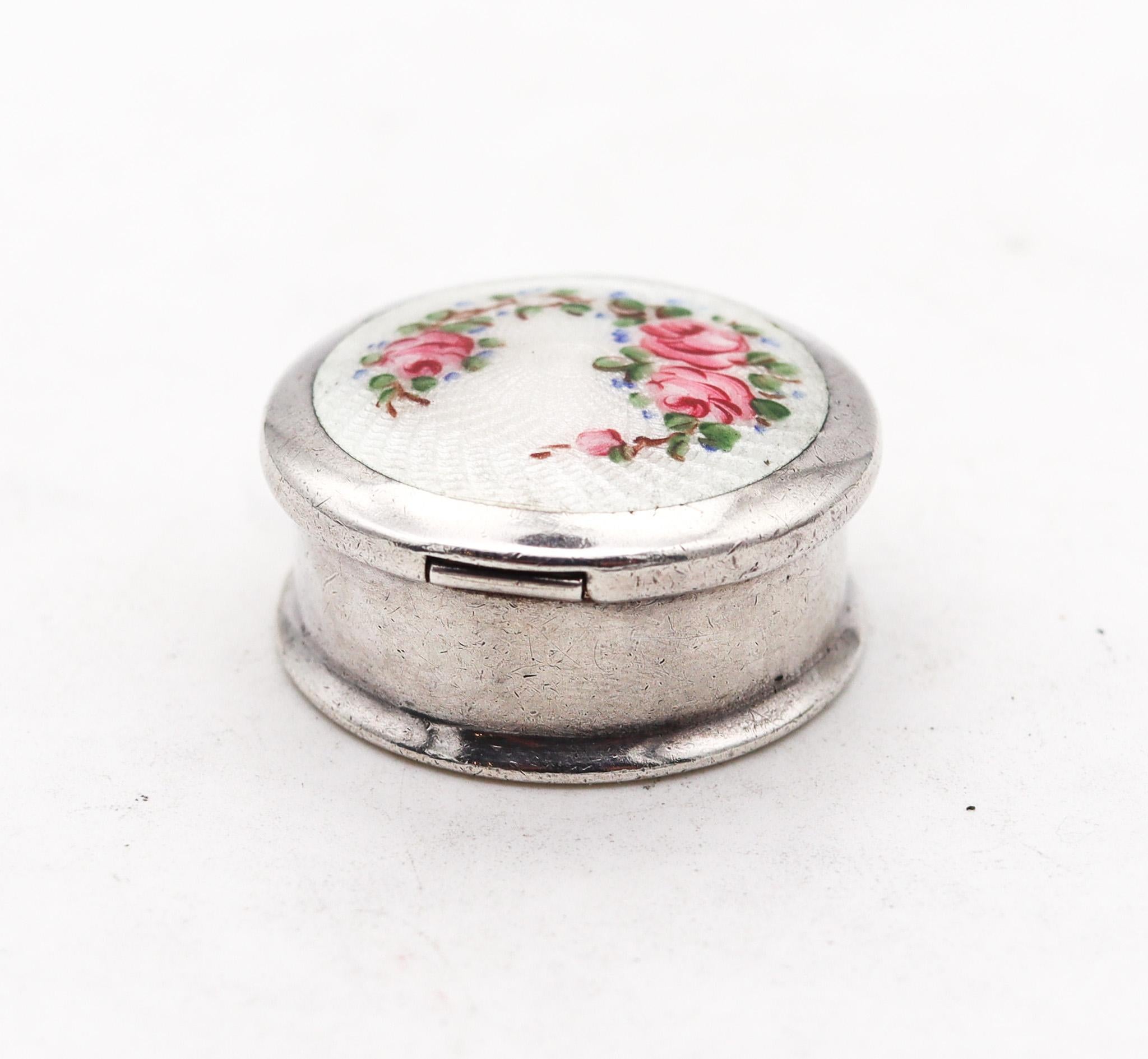 Art Deco Wells & Co 1930 Enameled Guilloche Round Pill Box In .925 Sterling Silver For Sale