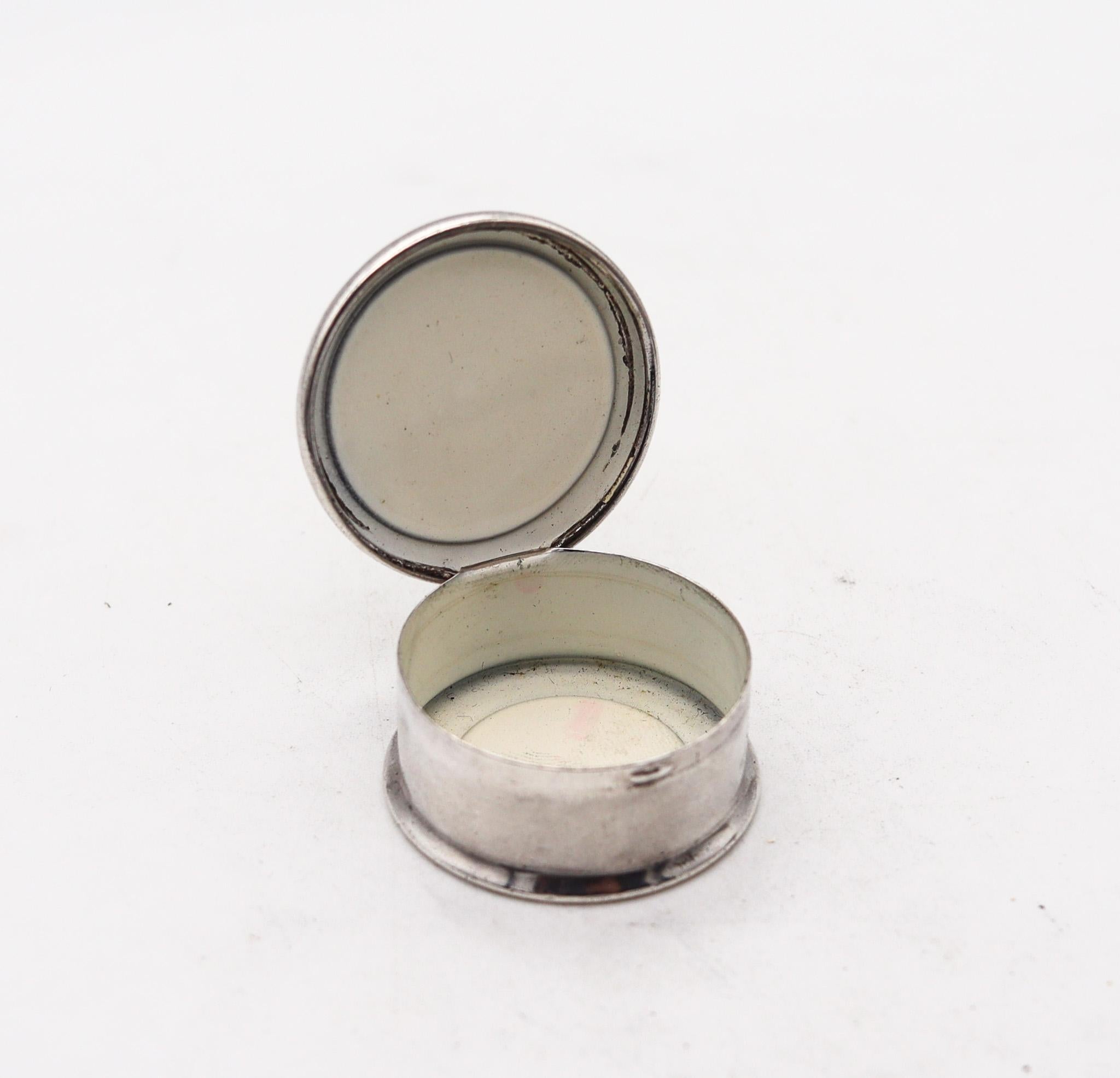 American Wells & Co 1930 Enameled Guilloche Round Pill Box In .925 Sterling Silver For Sale