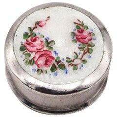 Boîte à pilules ronde en argent sterling émaillé Wells & Co de 1930 en guilloché de .925