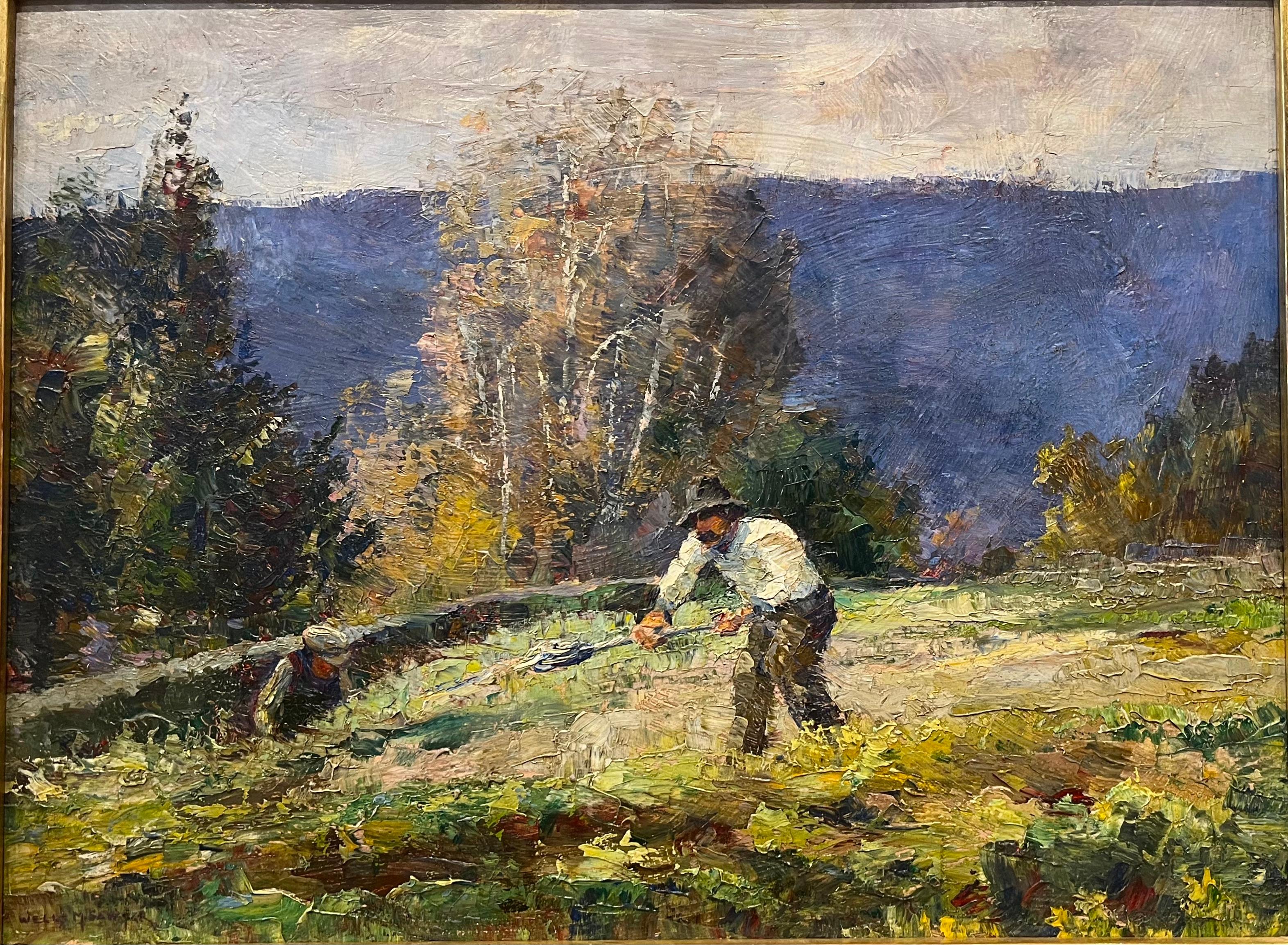 Oil Landscape of Man Plowing Field Titled The Garden in Autumn - Painting by Wells Moses Sawyer