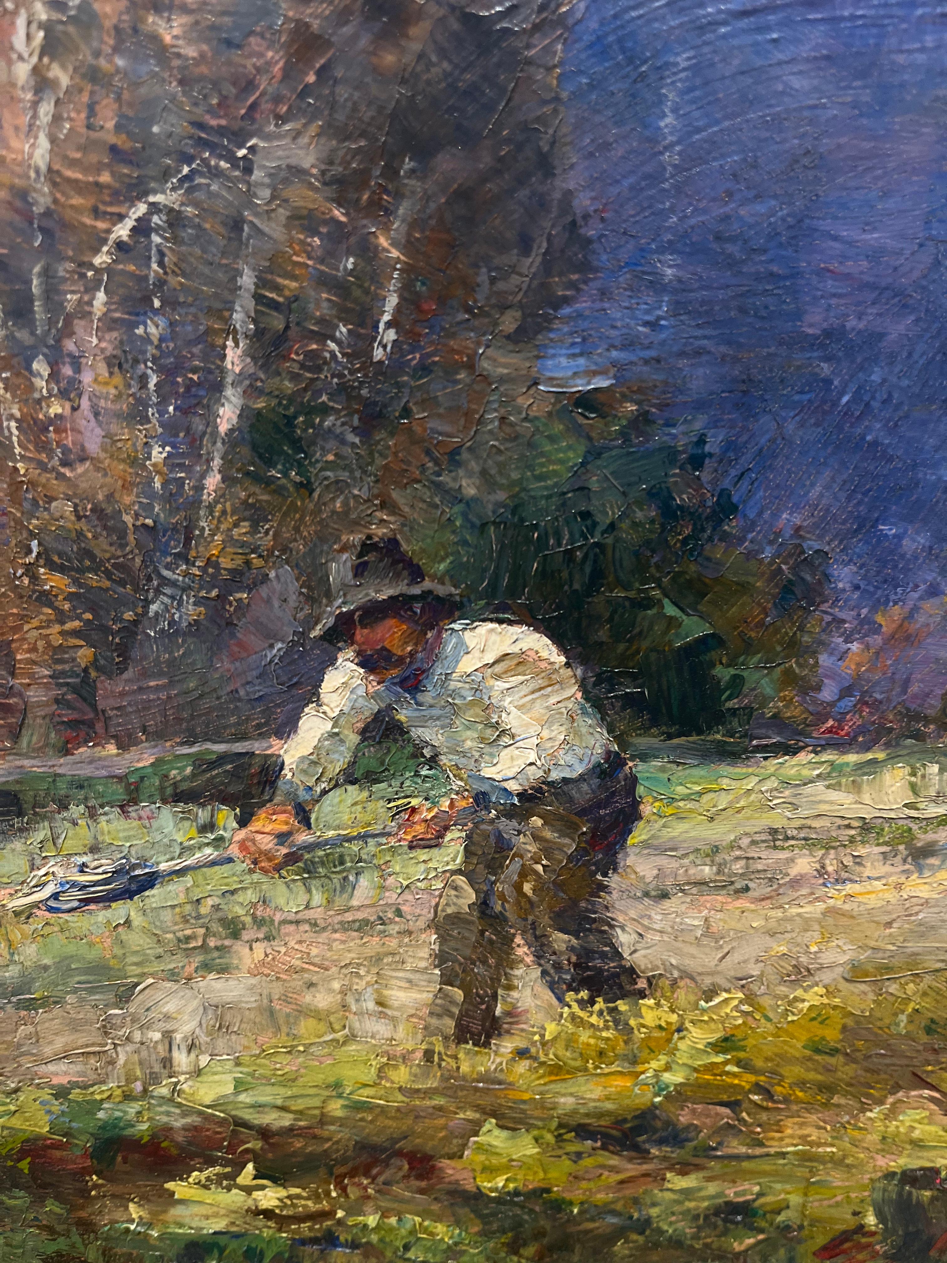 Oil Landscape of Man Plowing Field Titled The Garden in Autumn - American Impressionist Painting by Wells Moses Sawyer