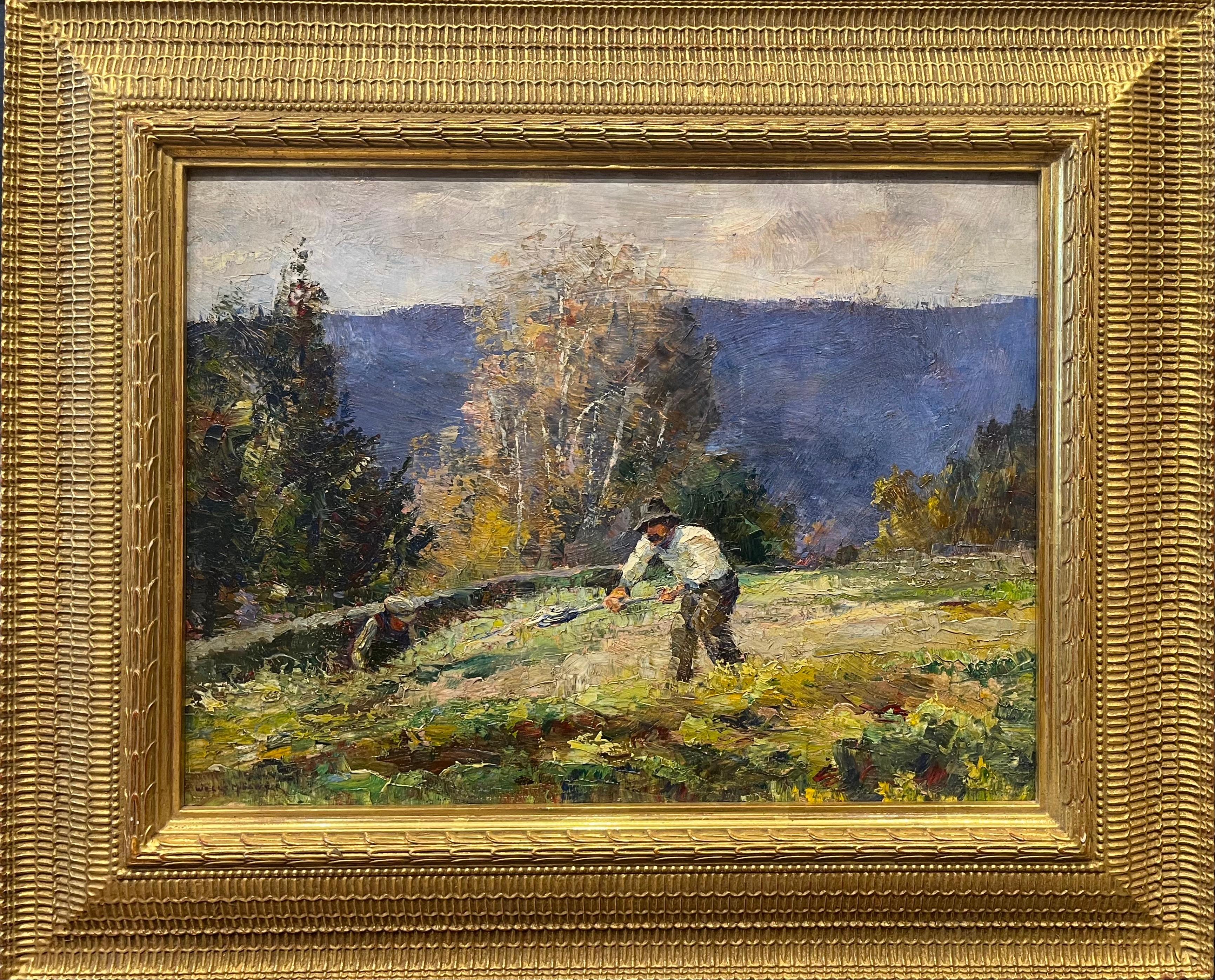 Wells Moses Sawyer Figurative Painting - Oil Landscape of Man Plowing Field Titled The Garden in Autumn