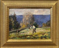 Vintage Oil Landscape of Man Plowing Field Titled The Garden in Autumn