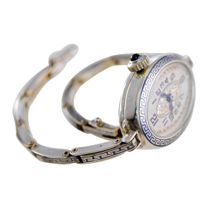 Welsam Silver and Niello Art Deco Ladies Watch with Original Bracelet 1920's For Sale 4