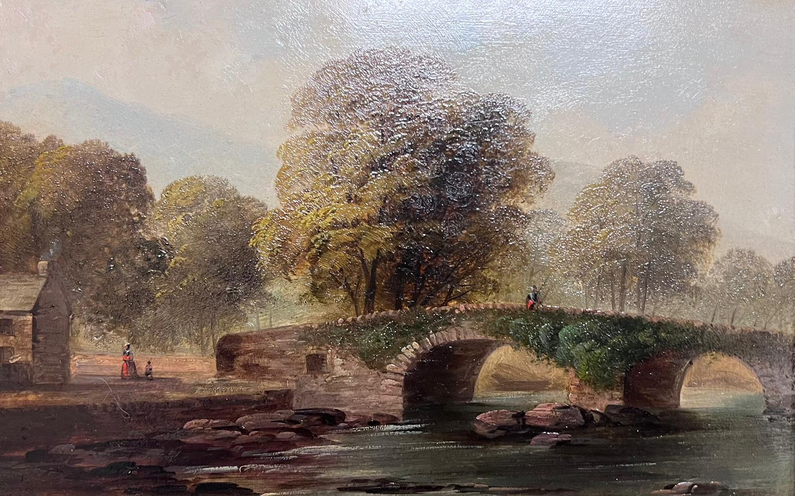 Victorian Welsh Landscape Figure by Stone Bridge River Landscape Framed Oil  - Painting by Welsh 19th Century