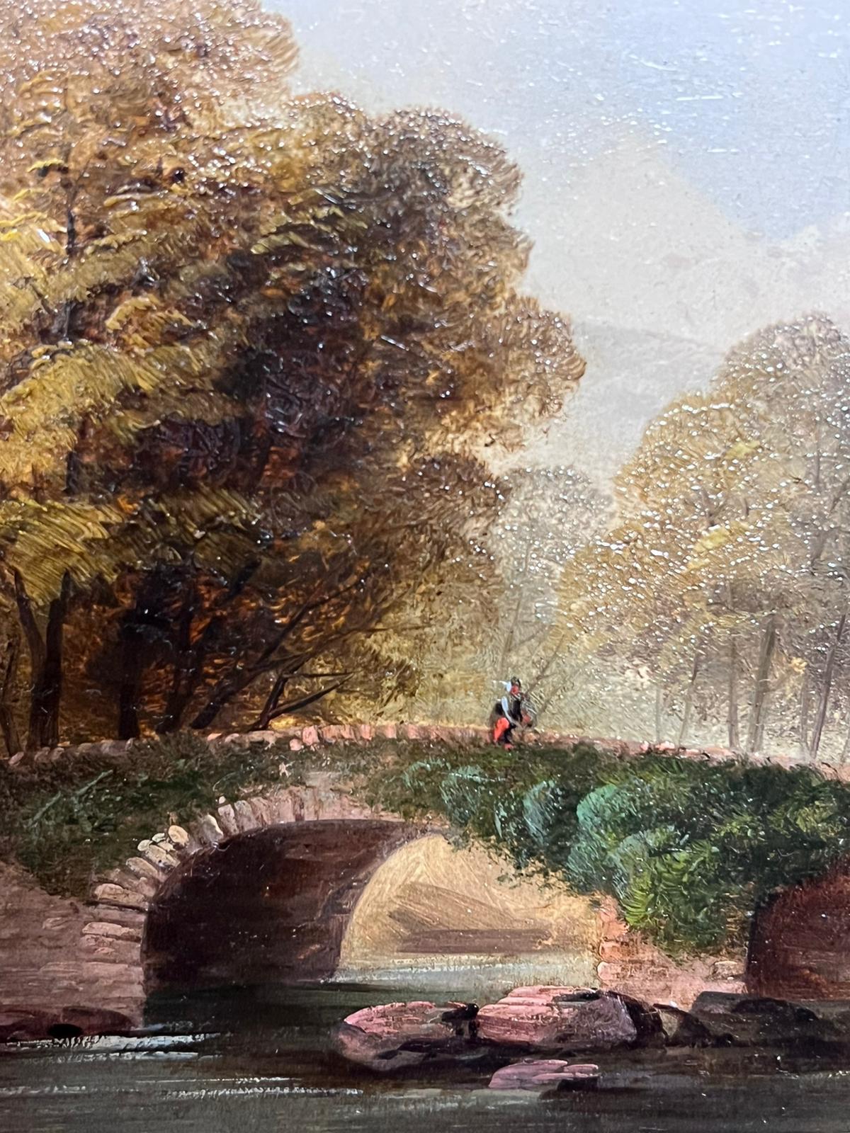 Victorian Welsh Landscape Figure by Stone Bridge River Landscape Framed Oil  For Sale 1