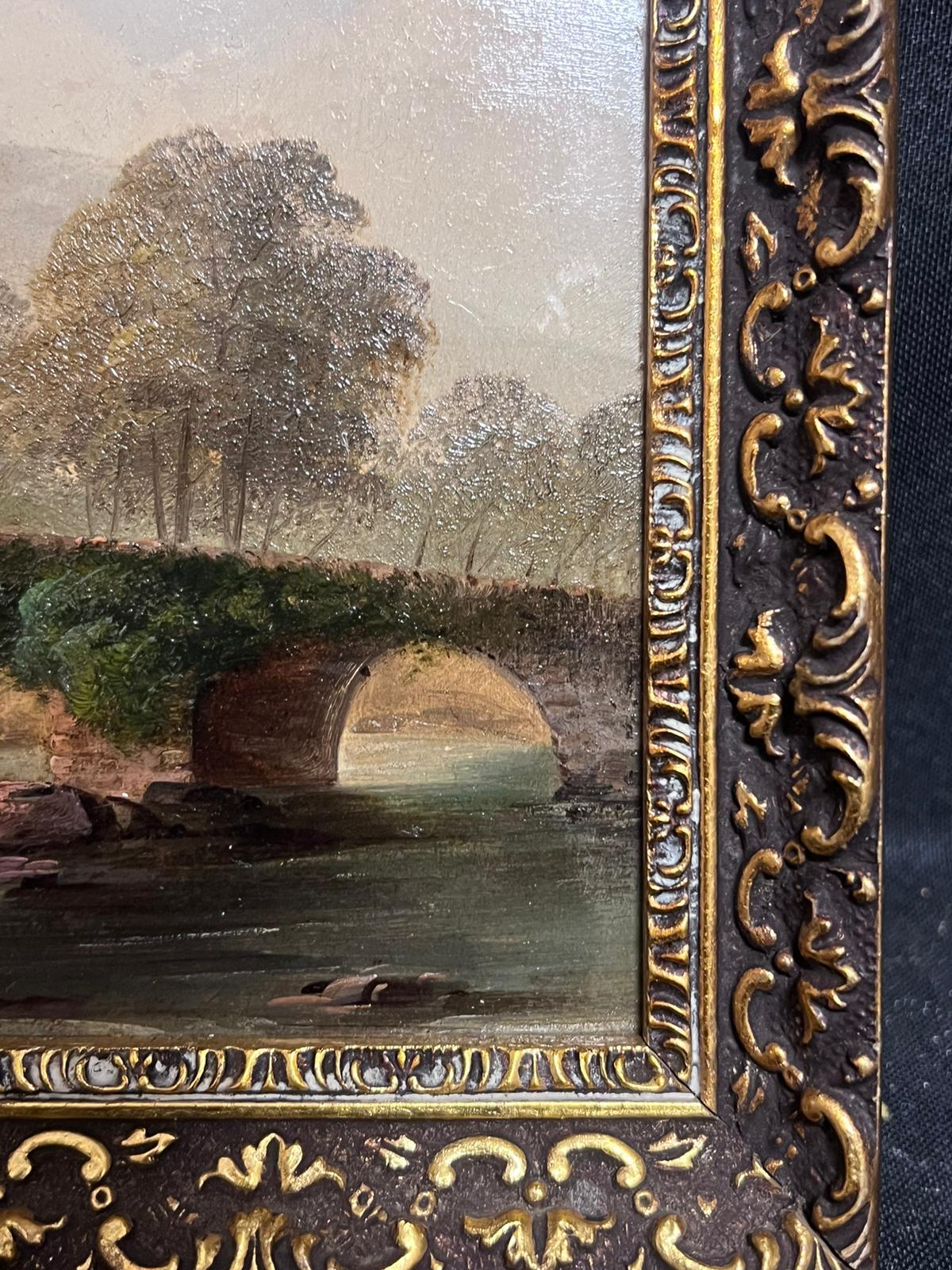 Victorian Welsh Landscape Figure by Stone Bridge River Landscape Framed Oil  For Sale 2