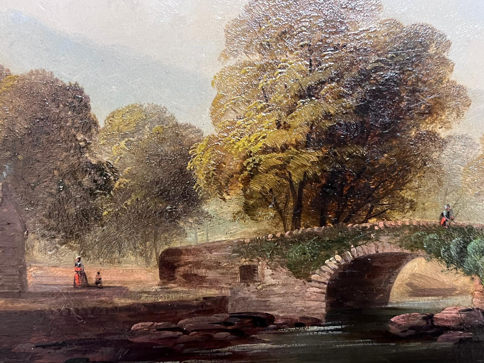 Victorian Welsh Landscape Figure by Stone Bridge River Landscape Framed Oil  For Sale 4