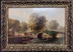 Viktorianische walisische Landschaftsfigur einer Steinbrücken- Flusslandschaft, gerahmt, Öl 