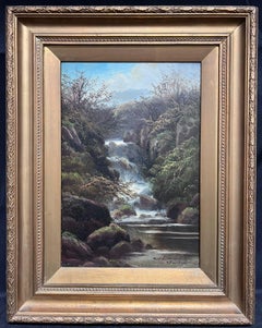 Fast Flowing Waterfall Antique Welsh River Landscape Signed Oil Painting