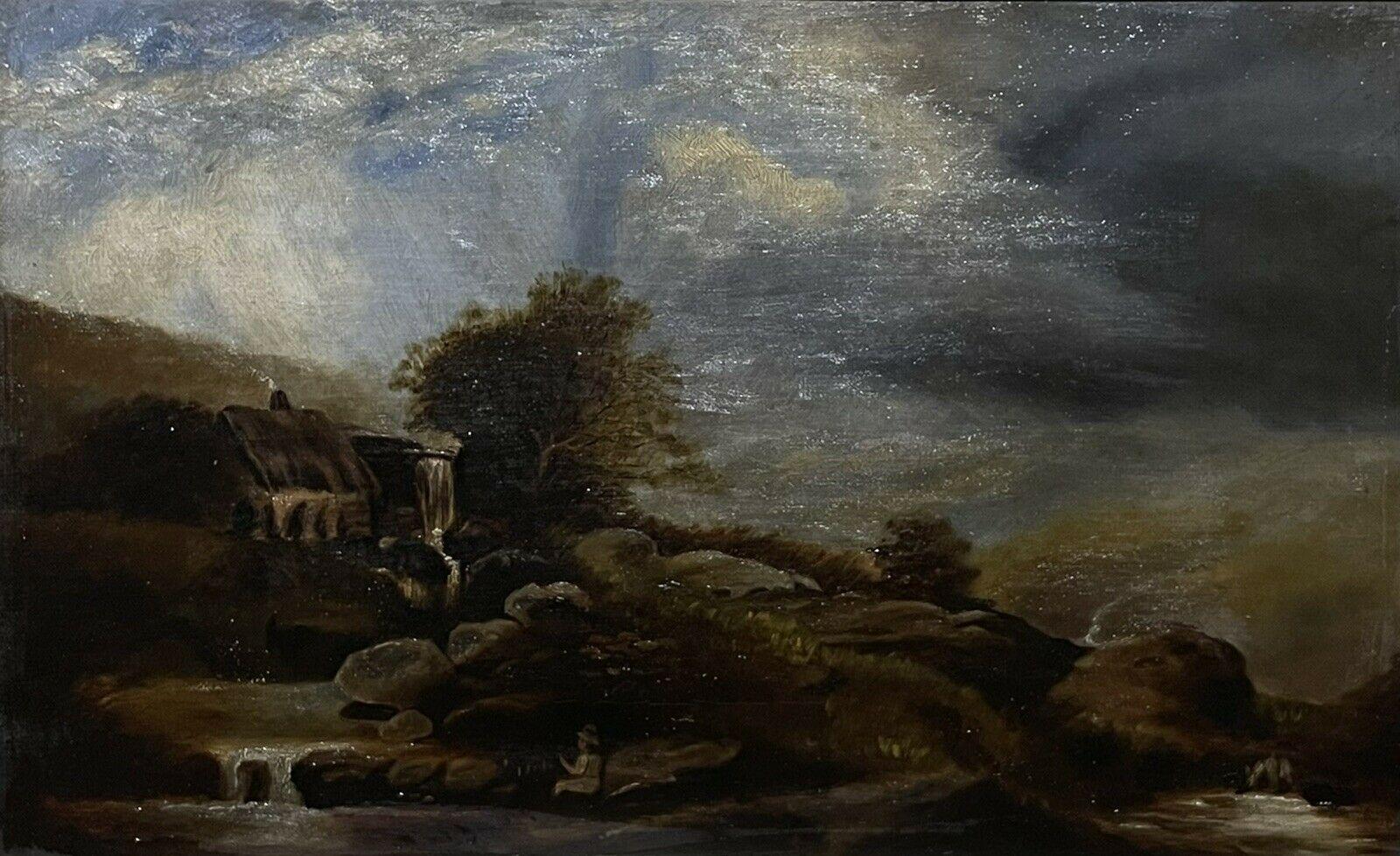 Welsh Antique Landscape Painting - Victorian Welsh Oil Painting Cottage by River in WIndswept Stormy Landscape