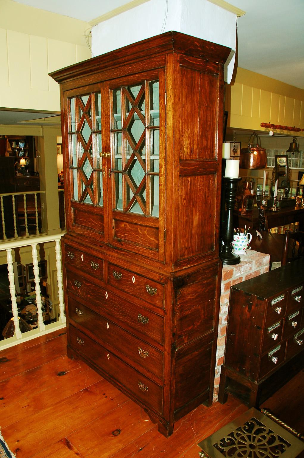 George III Welsh Georgian Oak Cupboard in Two Parts with Glazed Doors and Five Drawers