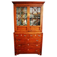 Used Welsh Georgian Oak Cupboard in Two Parts with Glazed Doors and Five Drawers