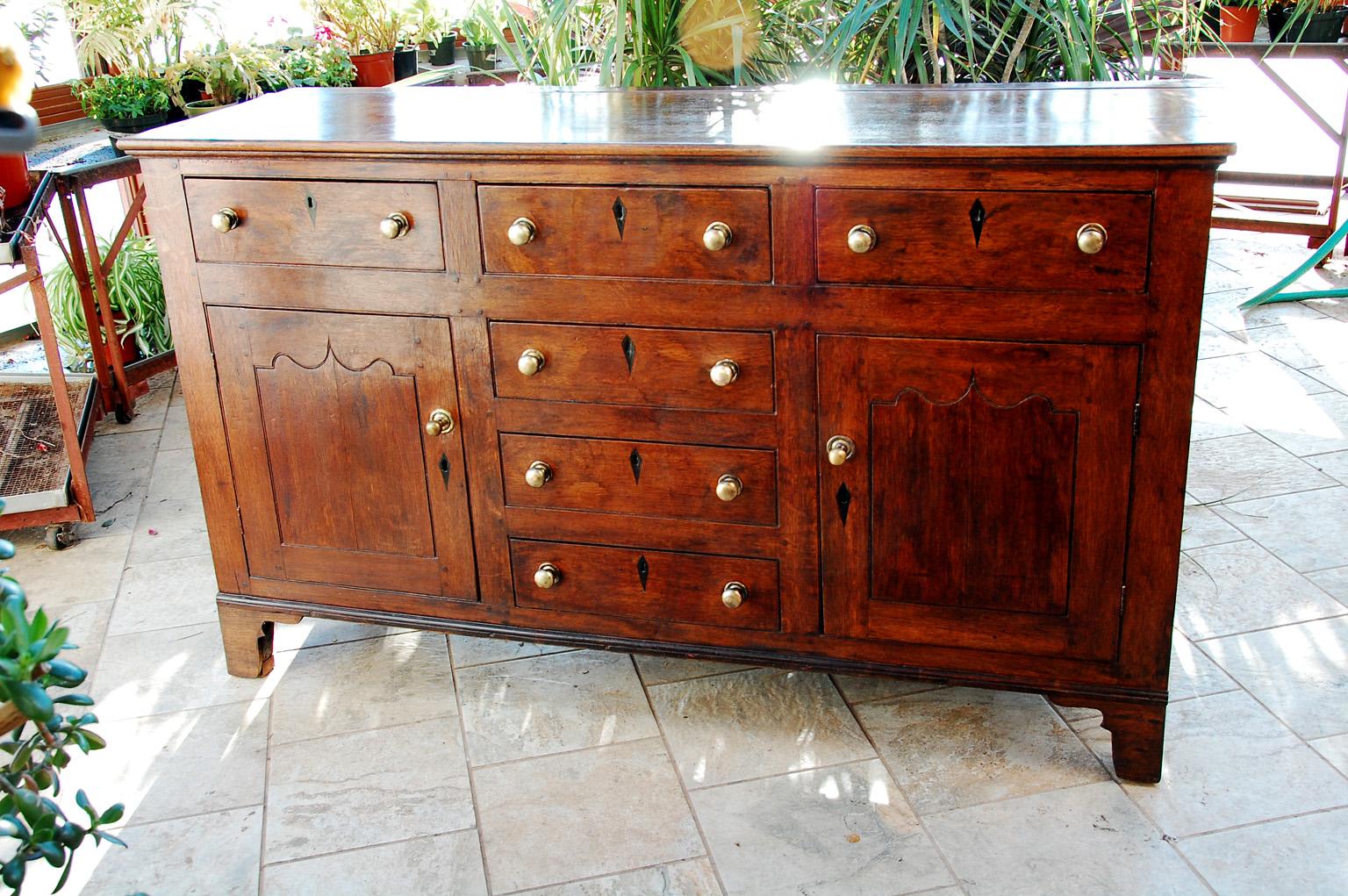 Welsh Georgian oak low dresser with two cupboards and four working drawers, two sham drawers. This early 19th century dresser has shaped paneled doors to the cupboards, blackened walnut diamond shaped escutcheons around the key holes and replaced