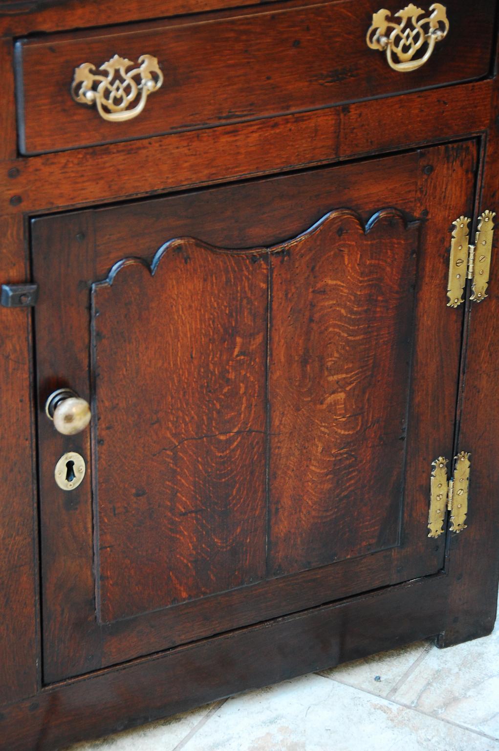 George III Welsh Georgian Oak Low Dresser with Six Drawers and Two Paneled Door Cupboards  For Sale