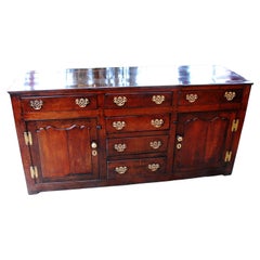 Welsh Georgian Oak Low Dresser with Six Drawers and Two Paneled Door Cupboards 