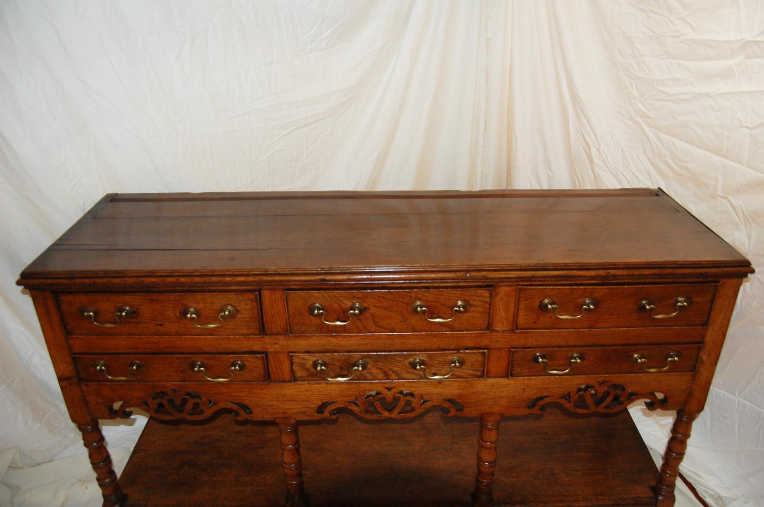 Welsh Georgian Oak Potboard Dresser Base with Pierced Skirt Five Feet Long 3