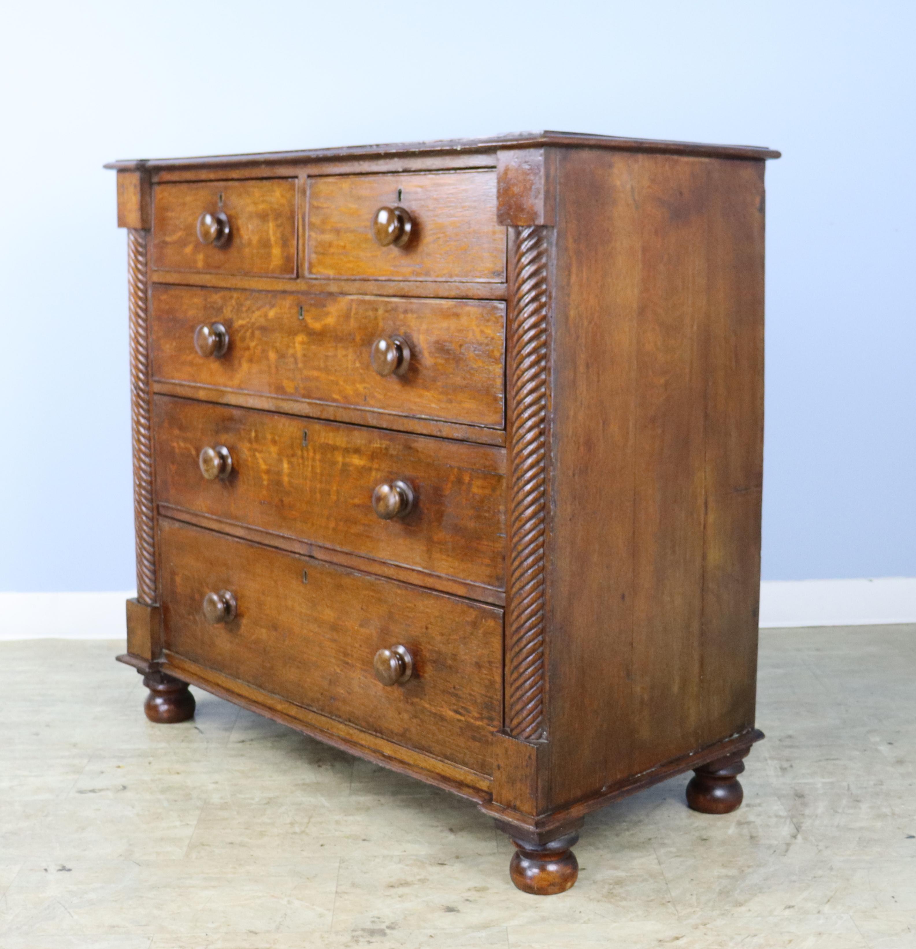 19th Century Welsh Oak Chest of Drawers with Twist Columns and Original Knobs For Sale