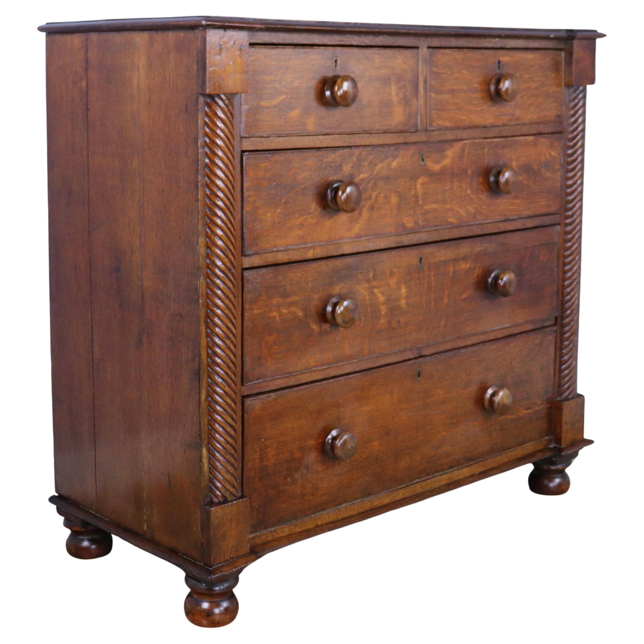 Welsh Oak Chest of Drawers with Twist Columns and Original Knobs