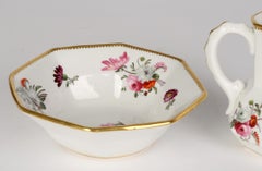 Welsh or English Floral Hand Painted Porcelain Serpent Handle Jug and Stand