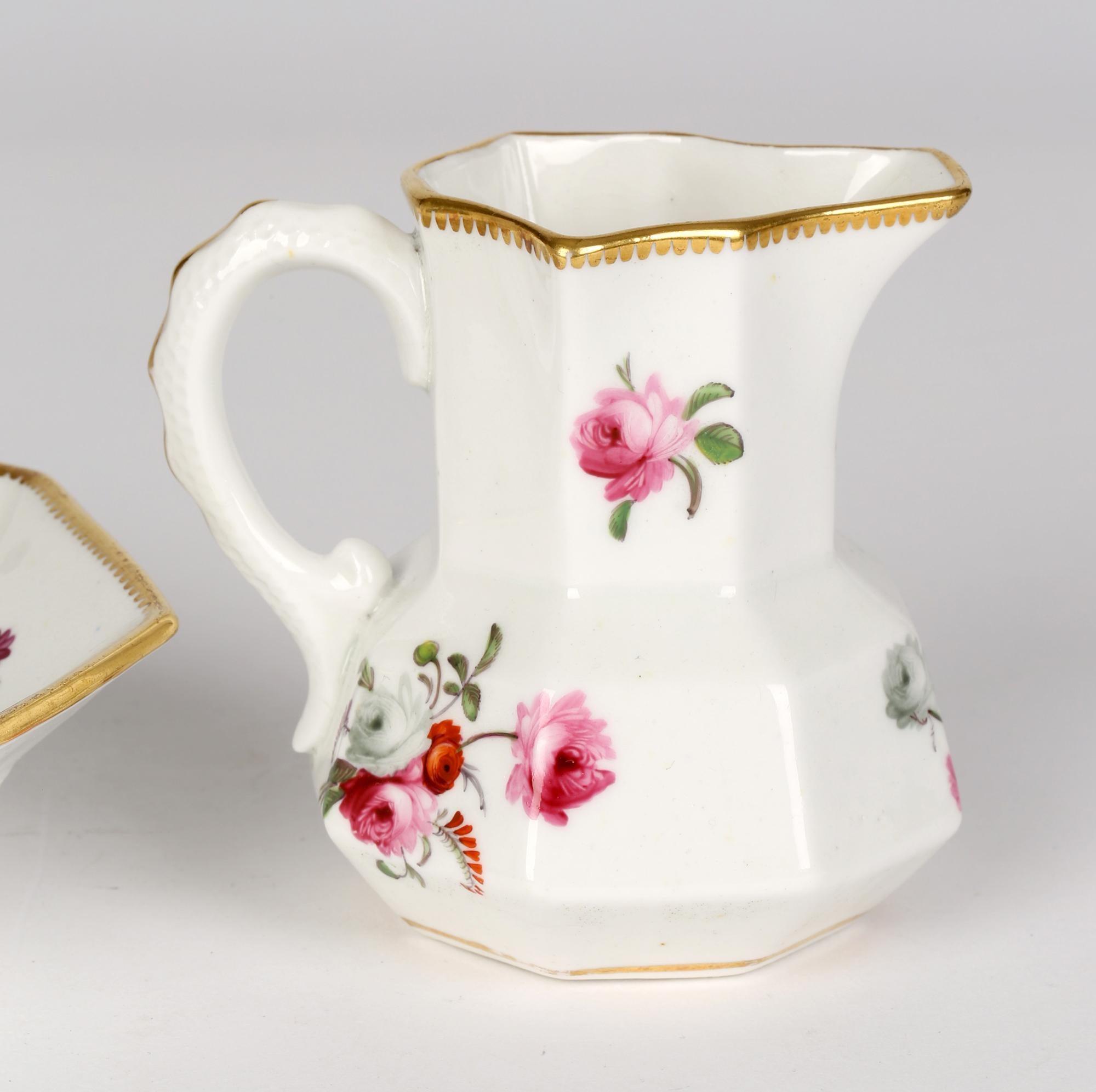 George III Welsh or English Floral Hand Painted Porcelain Serpent Handle Jug and Stand For Sale
