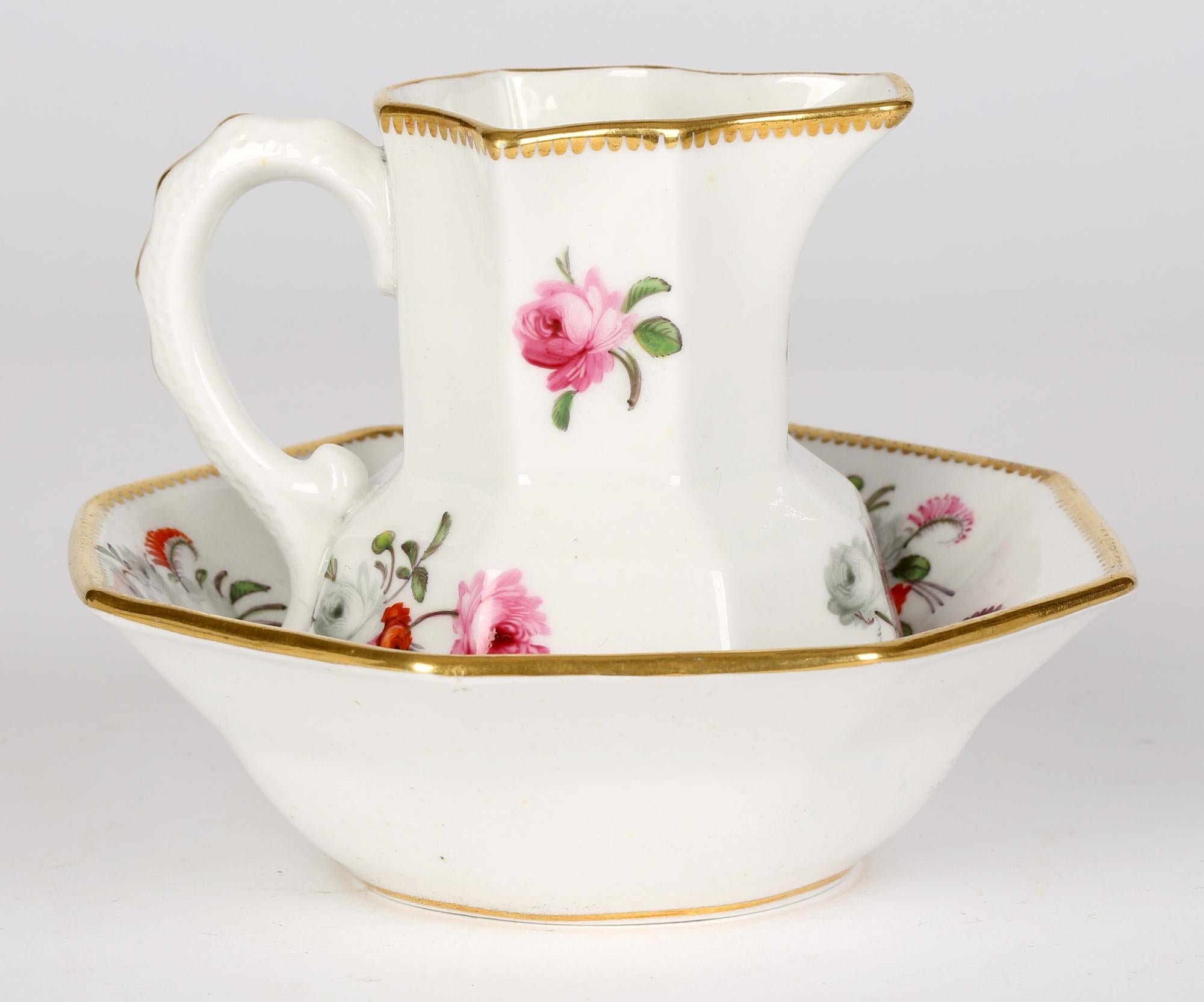 British Welsh or English Floral Hand Painted Porcelain Serpent Handle Jug and Stand For Sale